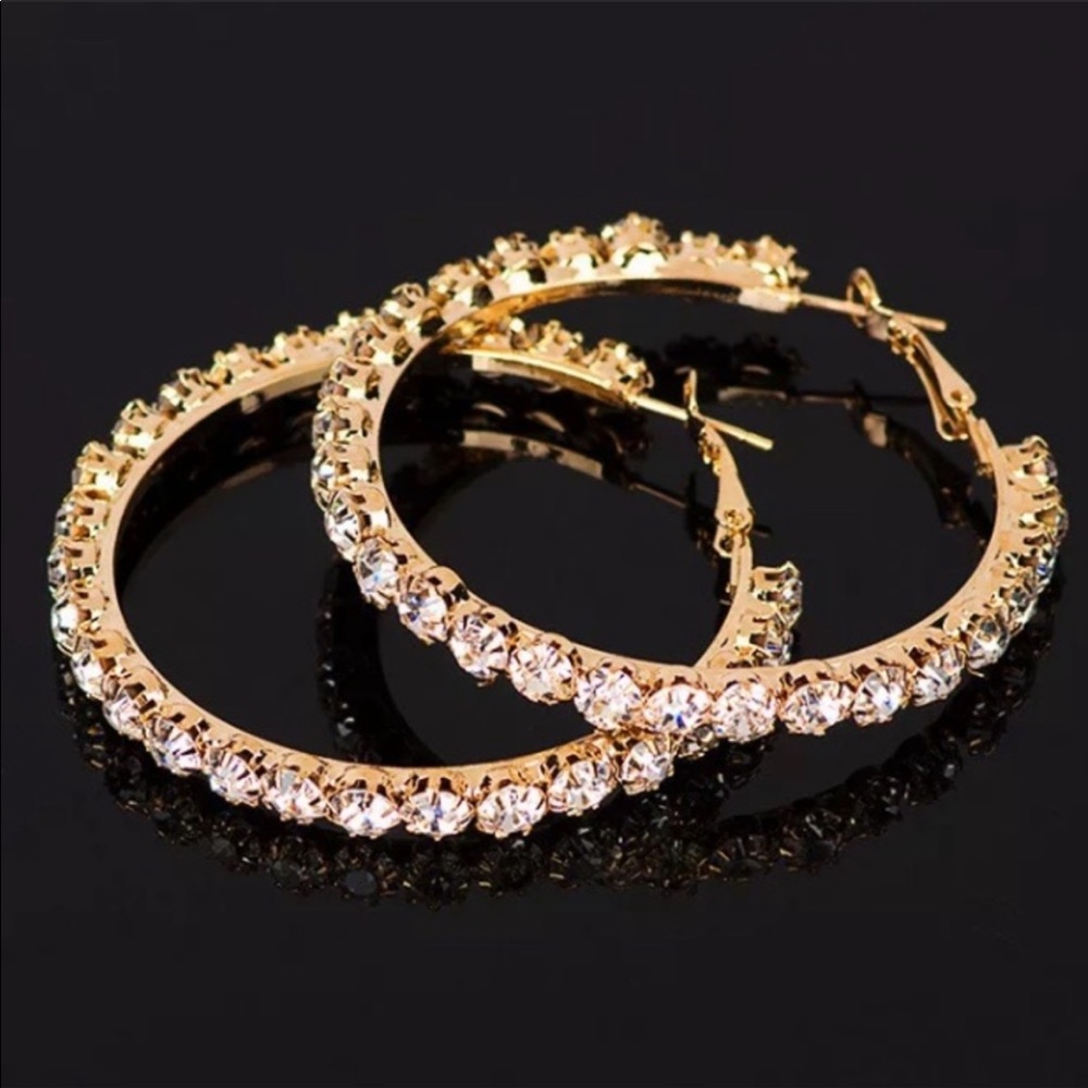 NEW GOLD ROUND HOOP DIAMOND EARRINGS - Picture 4 of 5